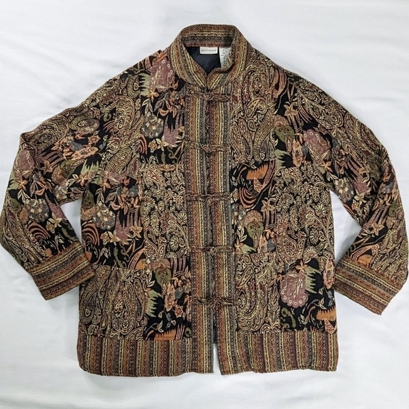 VTG Embroidered Tan Black Maroon Tapestry Paisley Toggle Closure High Neck Coat - Picture 1 of 8